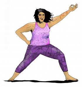 Graphic illustration of queer yoga teacher Juli in purple leggings and pink tank top, standing in warrior II pose with a fist on the hip and the other hand making a mudra.
